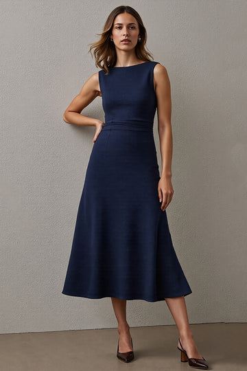 Navy Midi A Line Round Neck Work Dress